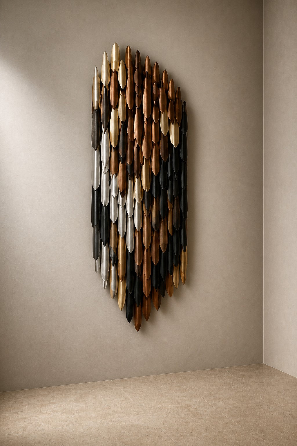 Sadafi — 80 × 150 cm tall oval wall mosaic of gold, black and silver plates, three-quarter studio view showing its profile