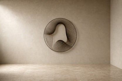 Smoke grey bronze wall sculpture Nebulosa, fine wire woven across a circular rim around a drifting void, on a plaster wall.