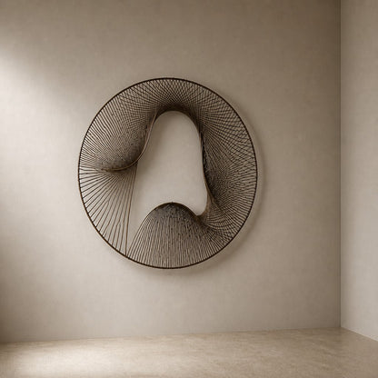 Smoke grey bronze wall sculpture Nebulosa, fine wire woven across a circular rim around a drifting void, on a plaster wall.
