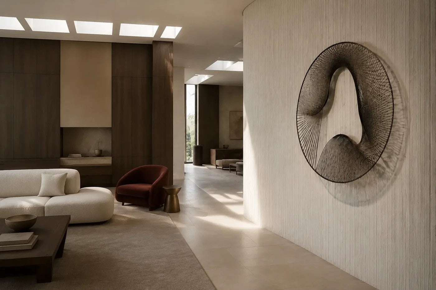Smoke grey bronze wall sculpture Nebulosa, fine wire woven across a circular rim around a drifting void, on a plaster wall.