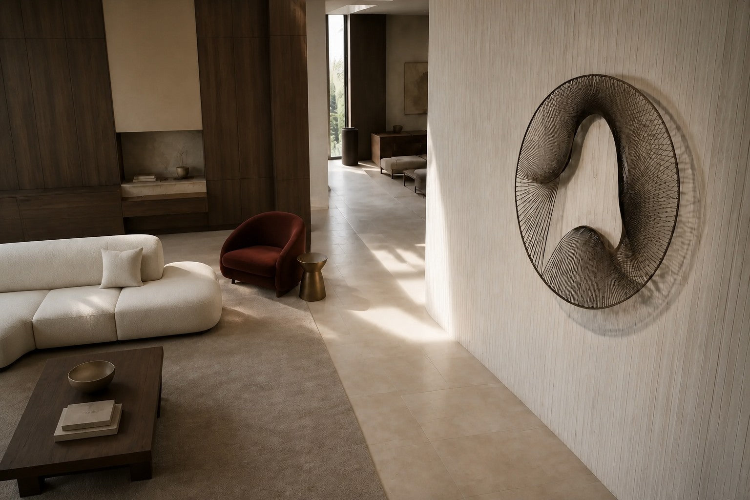 Smoke grey bronze wall sculpture Nebulosa, fine wire woven across a circular rim around a drifting void, on a plaster wall.