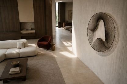 Smoke grey bronze wall sculpture Nebulosa, fine wire woven across a circular rim around a drifting void, on a plaster wall.