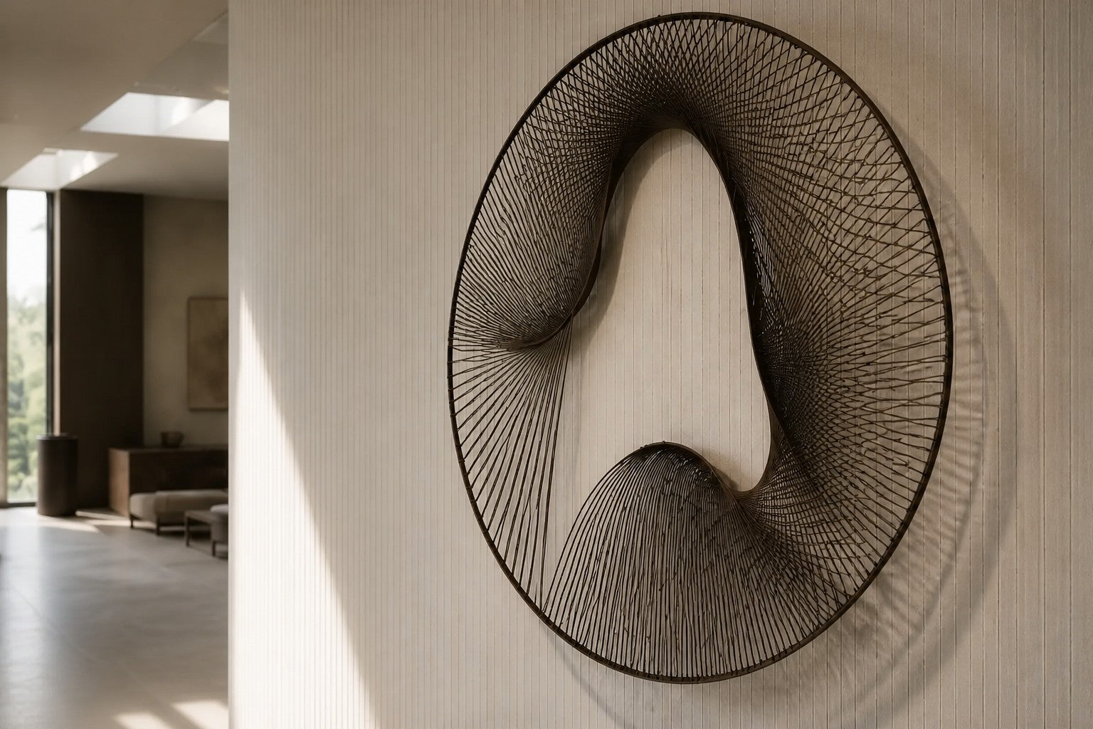 Smoke grey bronze wall sculpture Nebulosa, fine wire woven across a circular rim around a drifting void, on a plaster wall.