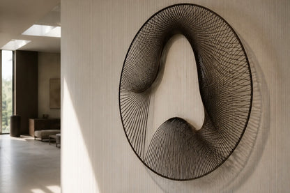 Smoke grey bronze wall sculpture Nebulosa, fine wire woven across a circular rim around a drifting void, on a plaster wall.