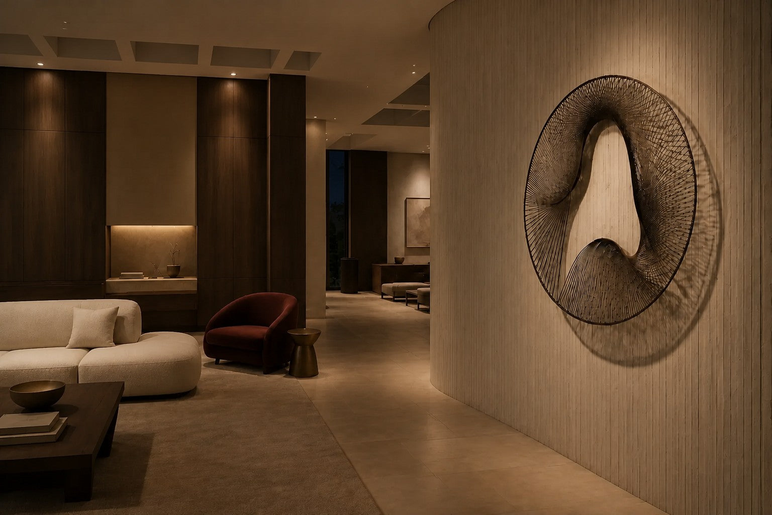 Smoke grey bronze wall sculpture Nebulosa, fine wire woven across a circular rim around a drifting void, on a plaster wall.