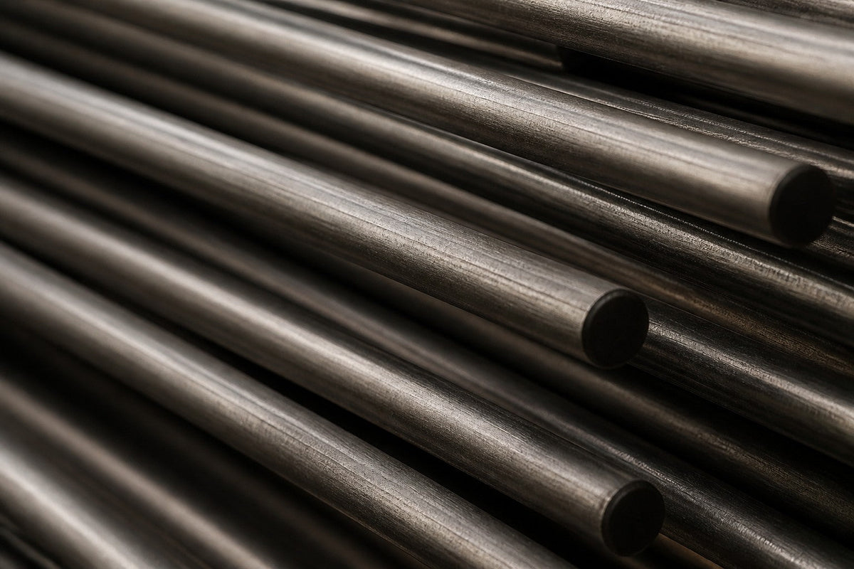 Saeta — 200 × 45 cm long horizontal sheaf of blackened steel blades, close studio detail of the surface and material