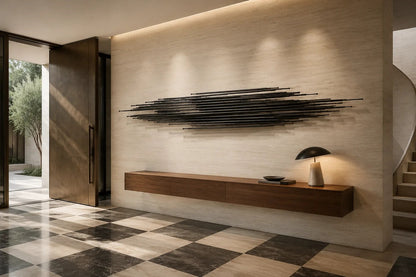Graphite steel wall sculpture Saeta, a single tapered blade laid across a concealed rail, on a plaster wall.