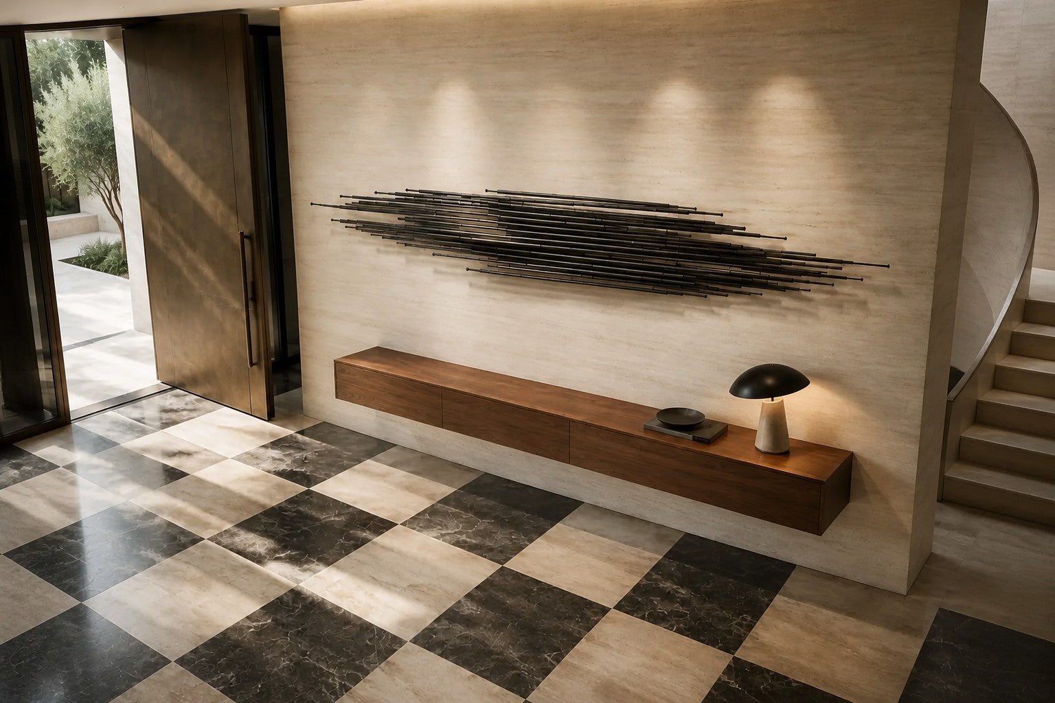 Graphite steel wall sculpture Saeta, a single tapered blade laid across a concealed rail, on a plaster wall.