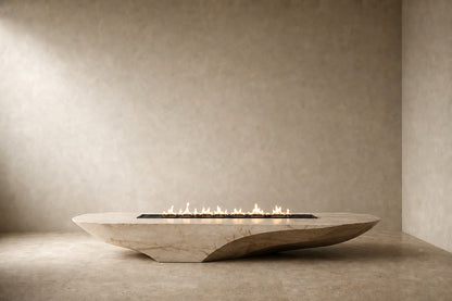 Champagne marble fire table Sahra 220, warm champagne with soft veining, on a pale stone floor.