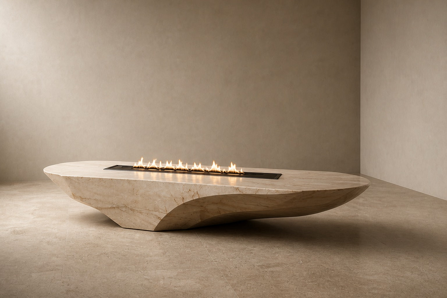 Champagne marble fire table Sahra 220, warm champagne with soft veining, on a pale stone floor.