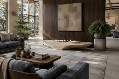 Champagne marble fire table Sahra 220, warm champagne with soft veining, on a pale stone floor.