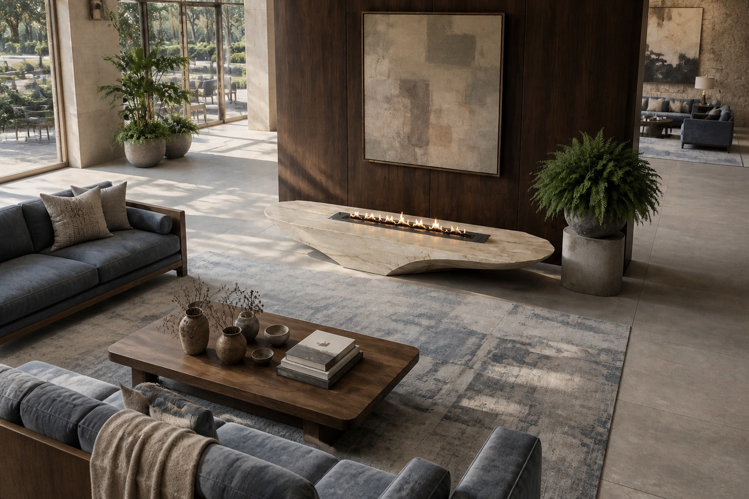 Champagne marble fire table Sahra 220, warm champagne with soft veining, on a pale stone floor.