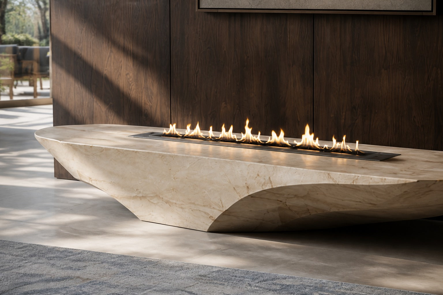 Champagne marble fire table Sahra 220, warm champagne with soft veining, on a pale stone floor.