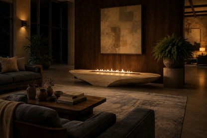Champagne marble fire table Sahra 220, warm champagne with soft veining, on a pale stone floor.