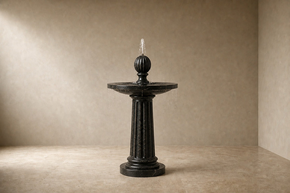 Sahran Ø65 stone pedestal fountain, studio view of the whole piece