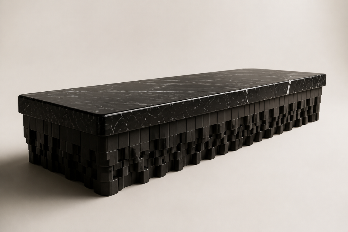 Samt 180 marble sculptural bench, three-quarter studio view showing its profile
