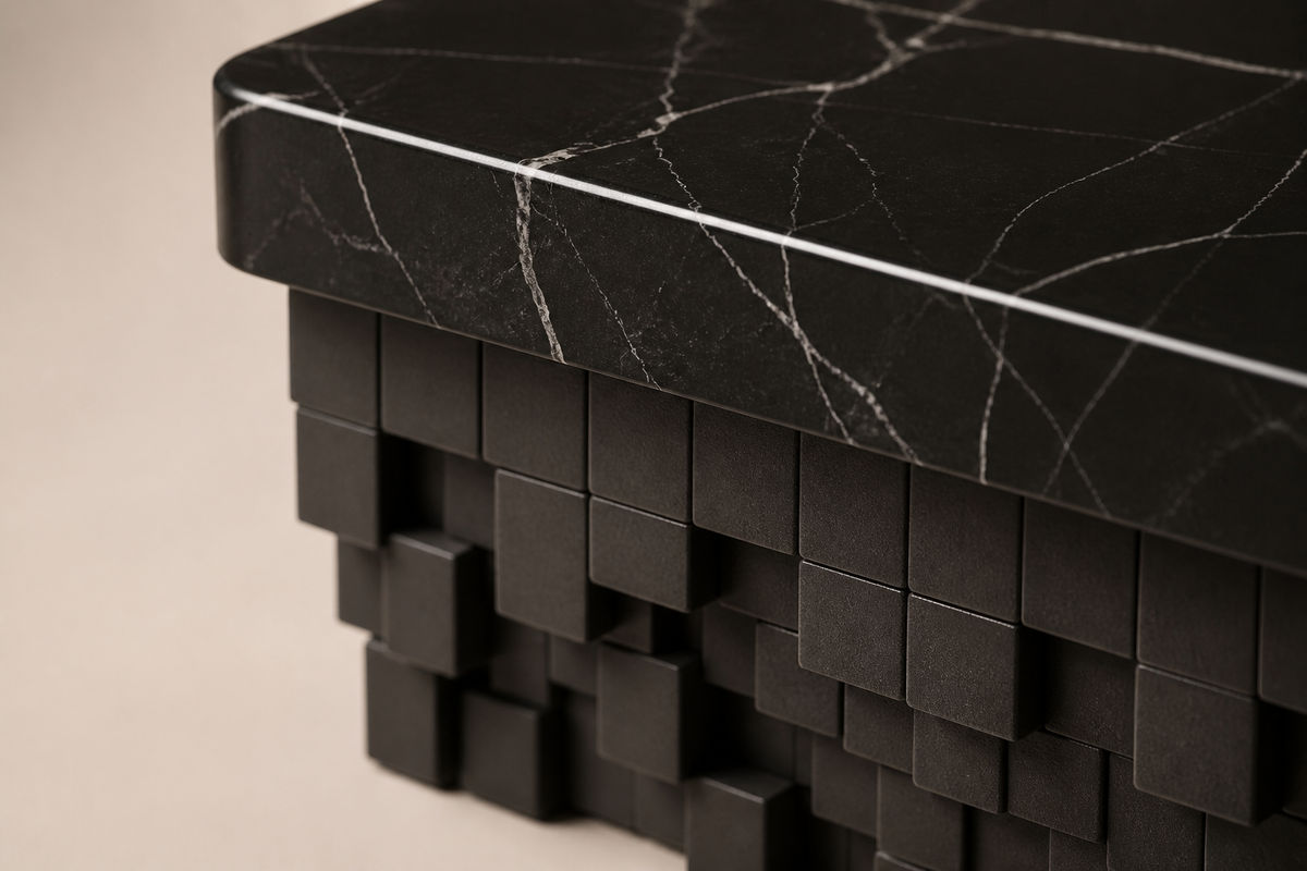 Samt 180 marble sculptural bench, close studio detail of the surface and material