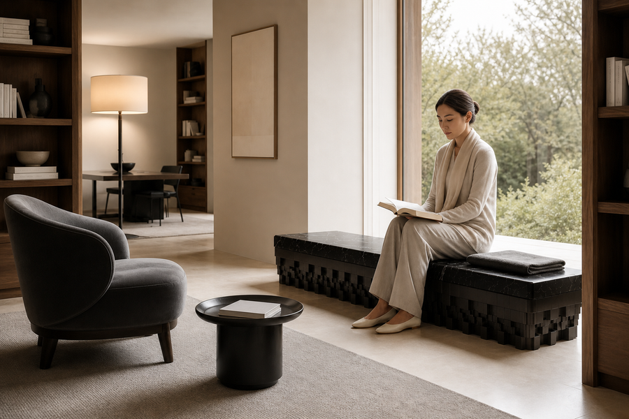 Samt 180 marble sculptural bench, shown in a room setting, at full scale