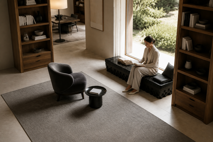 Samt 180 marble sculptural bench, overhead view in a room setting