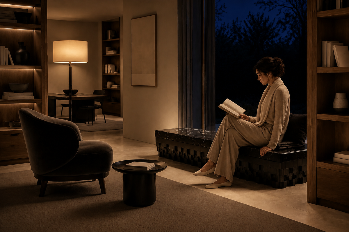 Samt 180 marble sculptural bench, in a room setting under evening light