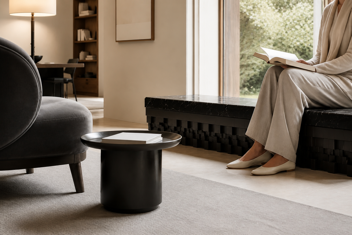 Samt 180 marble sculptural bench, close view of the form in its setting