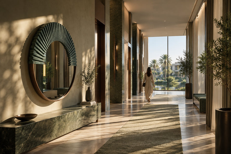 Sana — Ø 140 cm round wall mirror with a verdigris bronze sunburst, installed on the wall of a furnished room