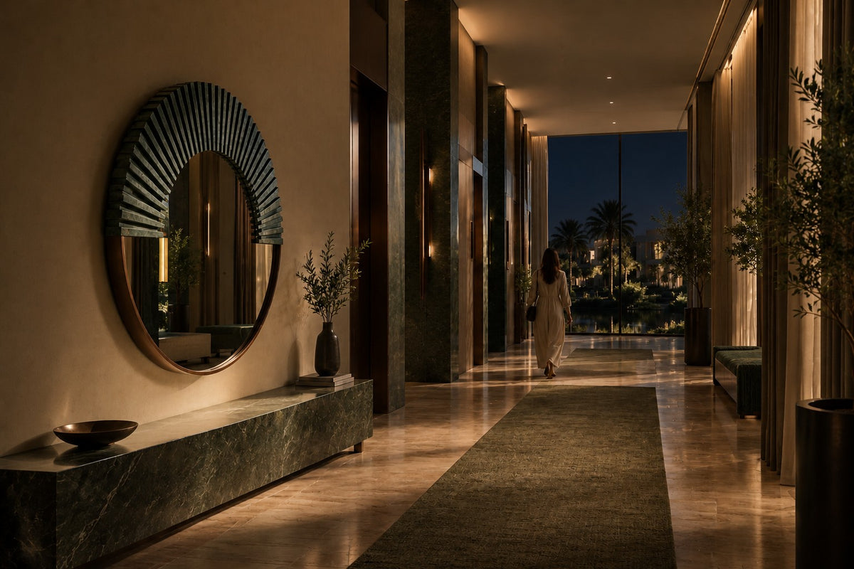 Sana — Ø 140 cm round wall mirror with a verdigris bronze sunburst, the same room at night, lamps on