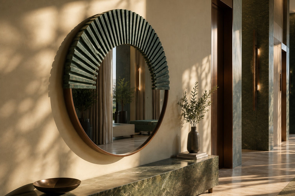 Sana — Ø 140 cm round wall mirror with a verdigris bronze sunburst, close view on the wall