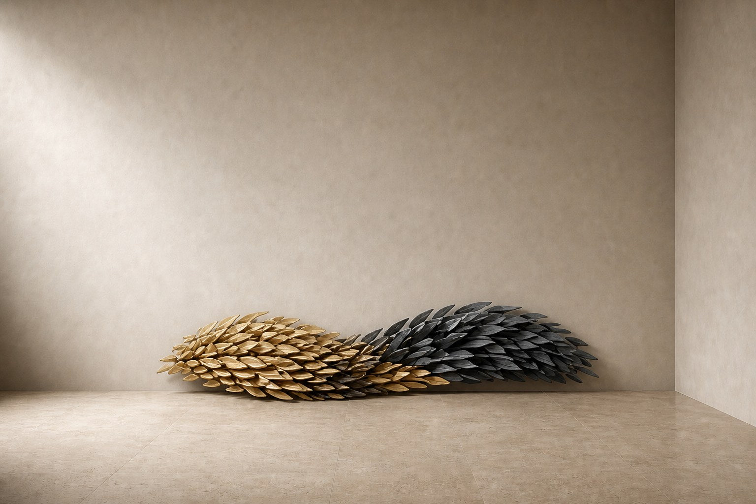 Twisting horizontal spindle clad in pointed scales, gilt on one half and blackened on the other.