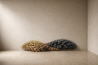 Twisting horizontal spindle clad in pointed scales, gilt on one half and blackened on the other.