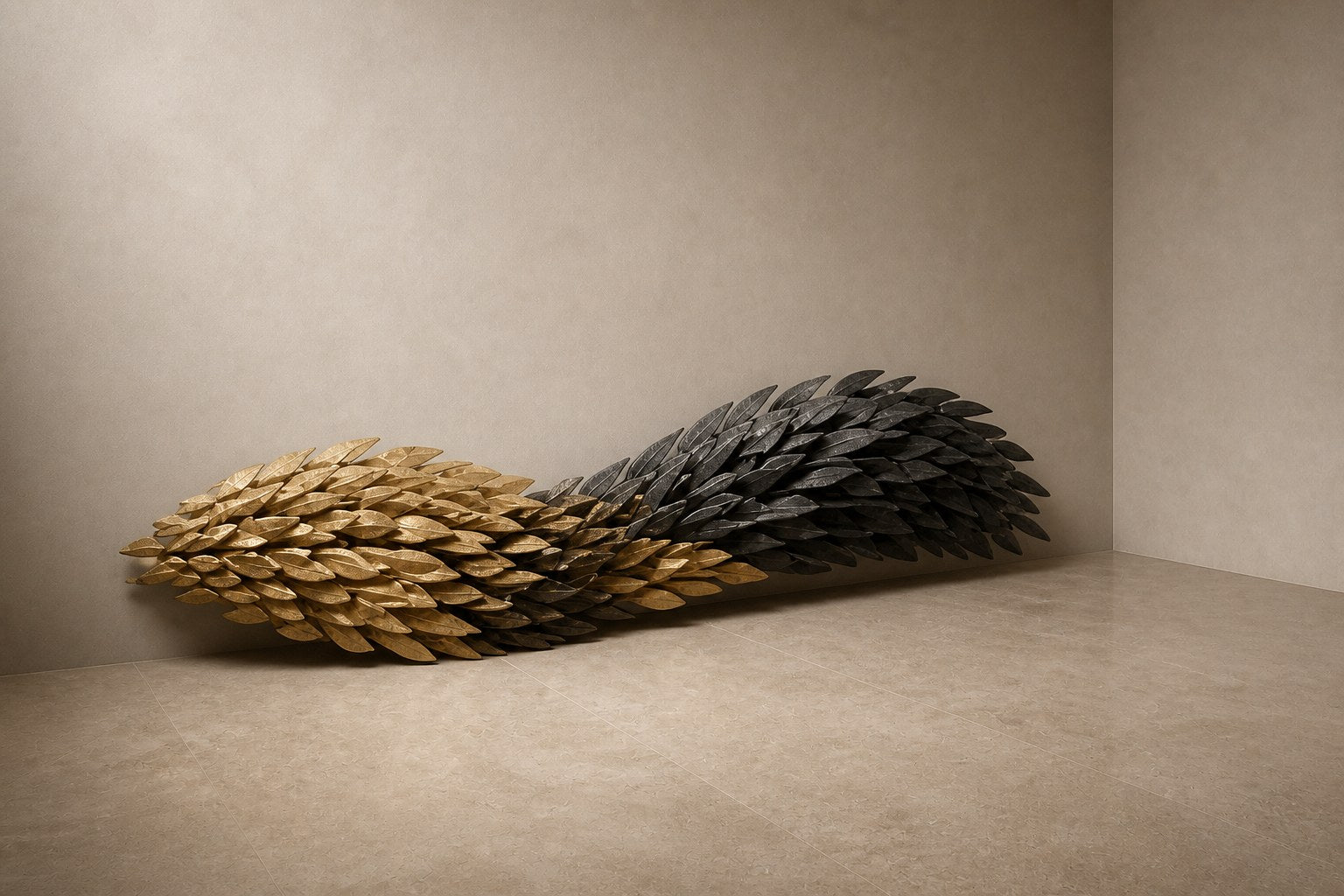Twisting horizontal spindle clad in pointed scales, gilt on one half and blackened on the other.