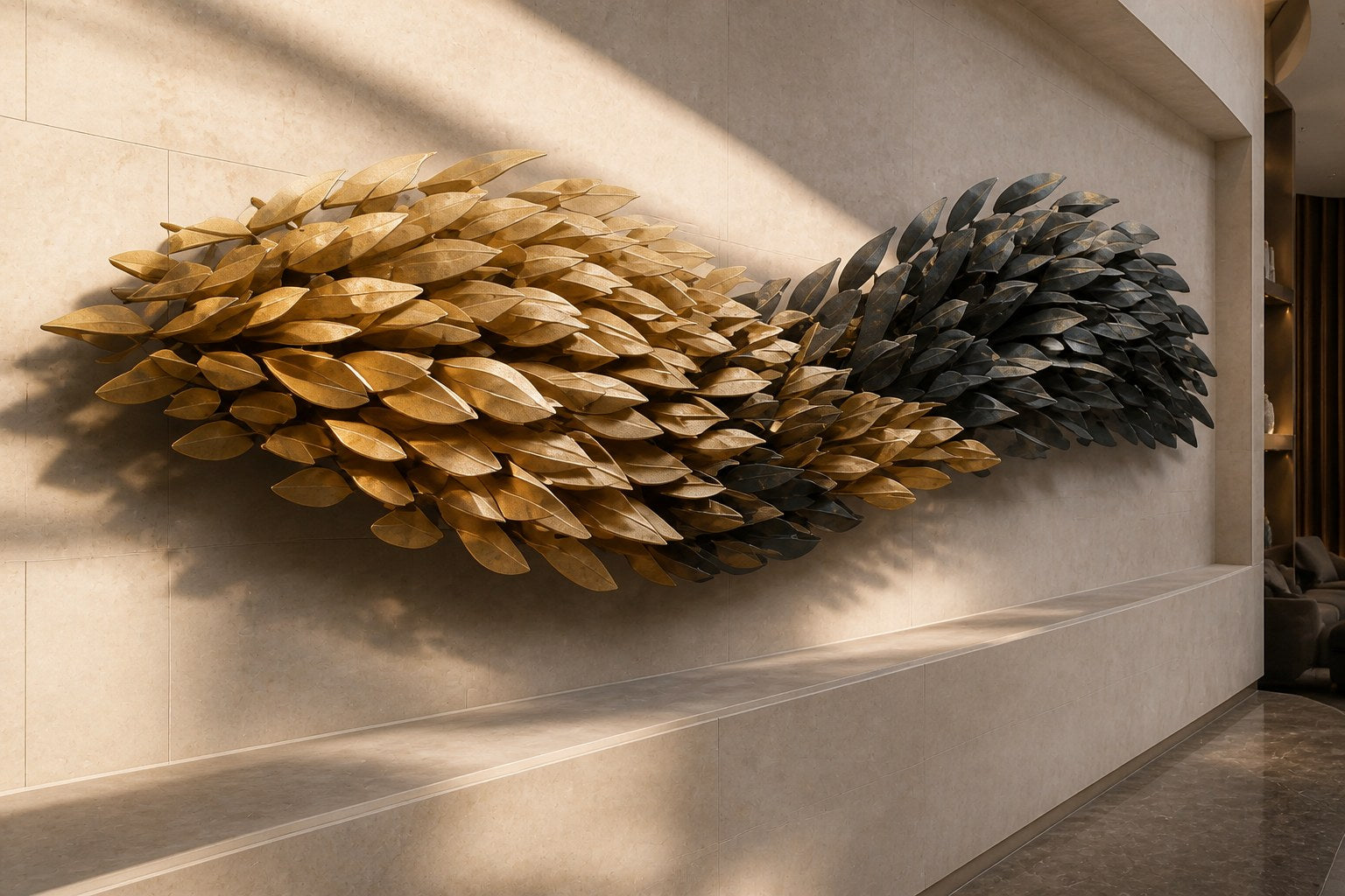 Twisting horizontal spindle clad in pointed scales, gilt on one half and blackened on the other.