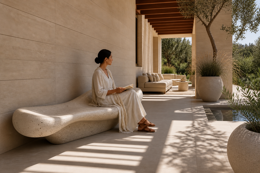 SANDWAVE MONOLITH BENCH XVI, shown in a room setting, at full scale
