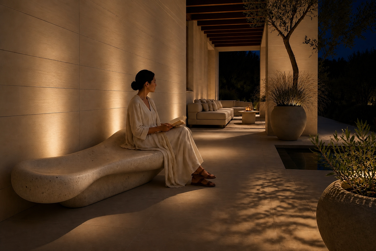 SANDWAVE MONOLITH BENCH XVI, in a room setting under evening light