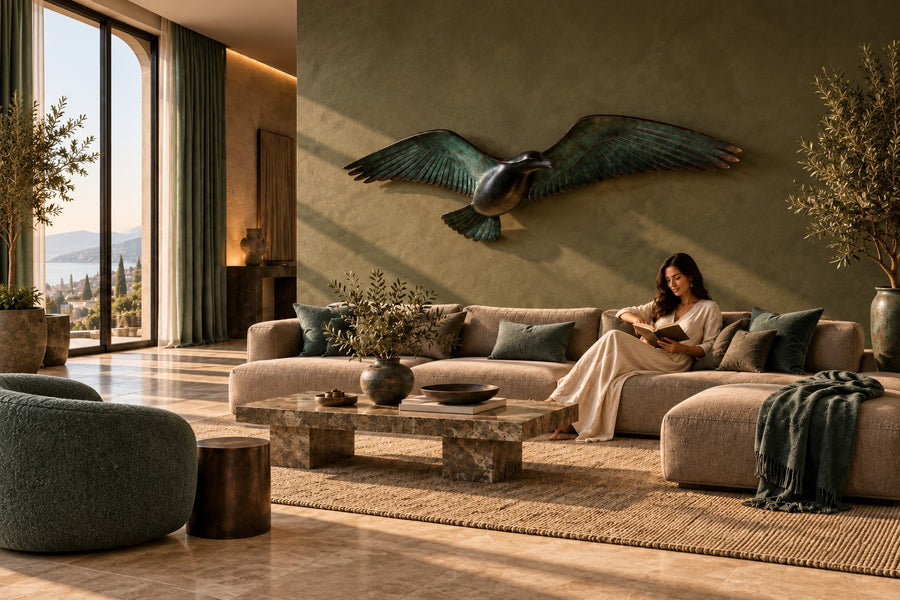 Saqr — verdigris bronze falcon in flight wall sculpture, installed on the wall of a furnished room