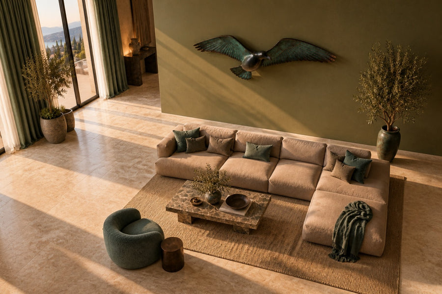 Saqr — verdigris bronze falcon in flight wall sculpture, seen from above in the room