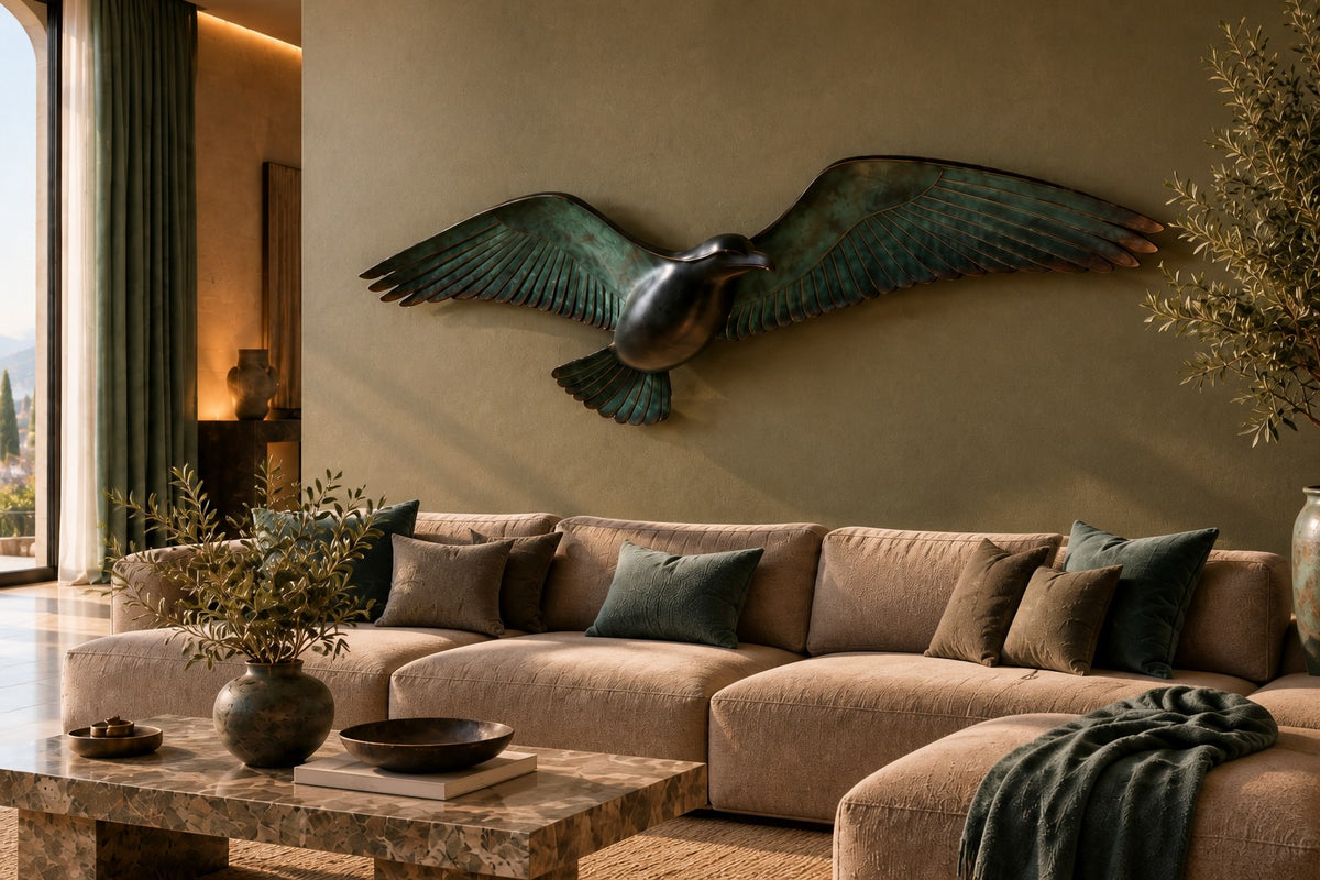 Saqr — verdigris bronze falcon in flight wall sculpture, close view on the wall