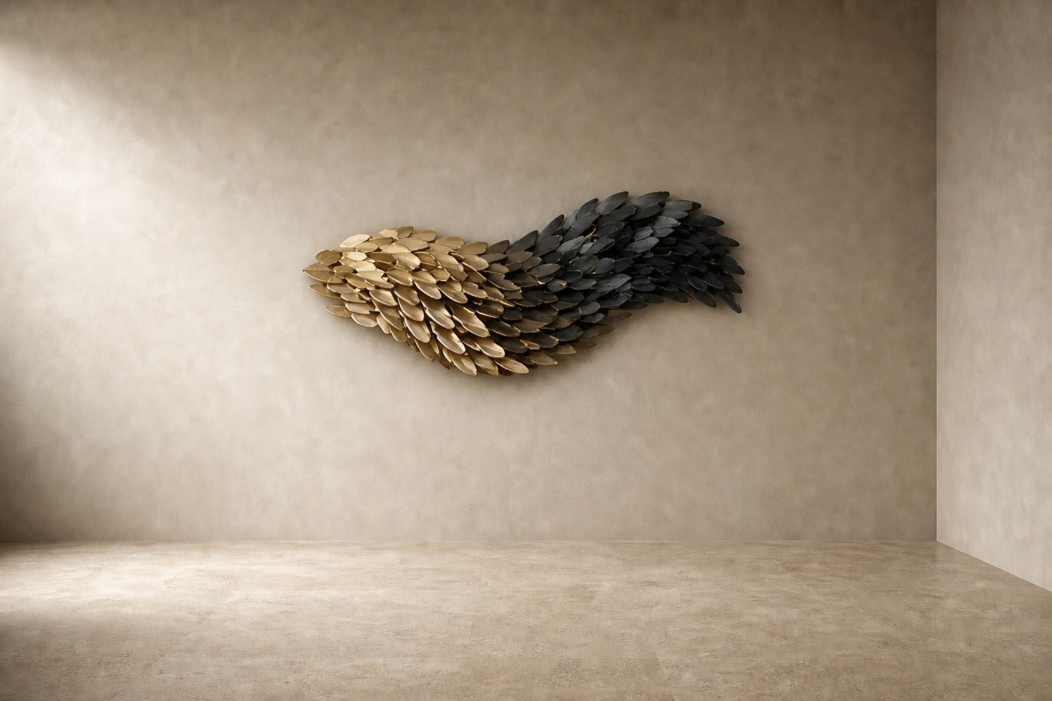 Champagne gold bronze wall sculpture Torrente, a continuous ribbon folded into running waves, on a plaster wall.
