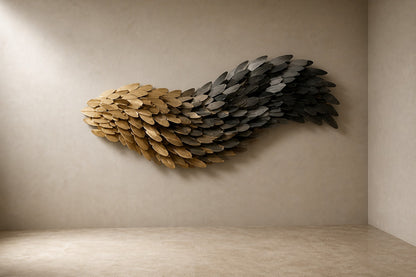 Champagne gold bronze wall sculpture Torrente, a continuous ribbon folded into running waves, on a plaster wall.
