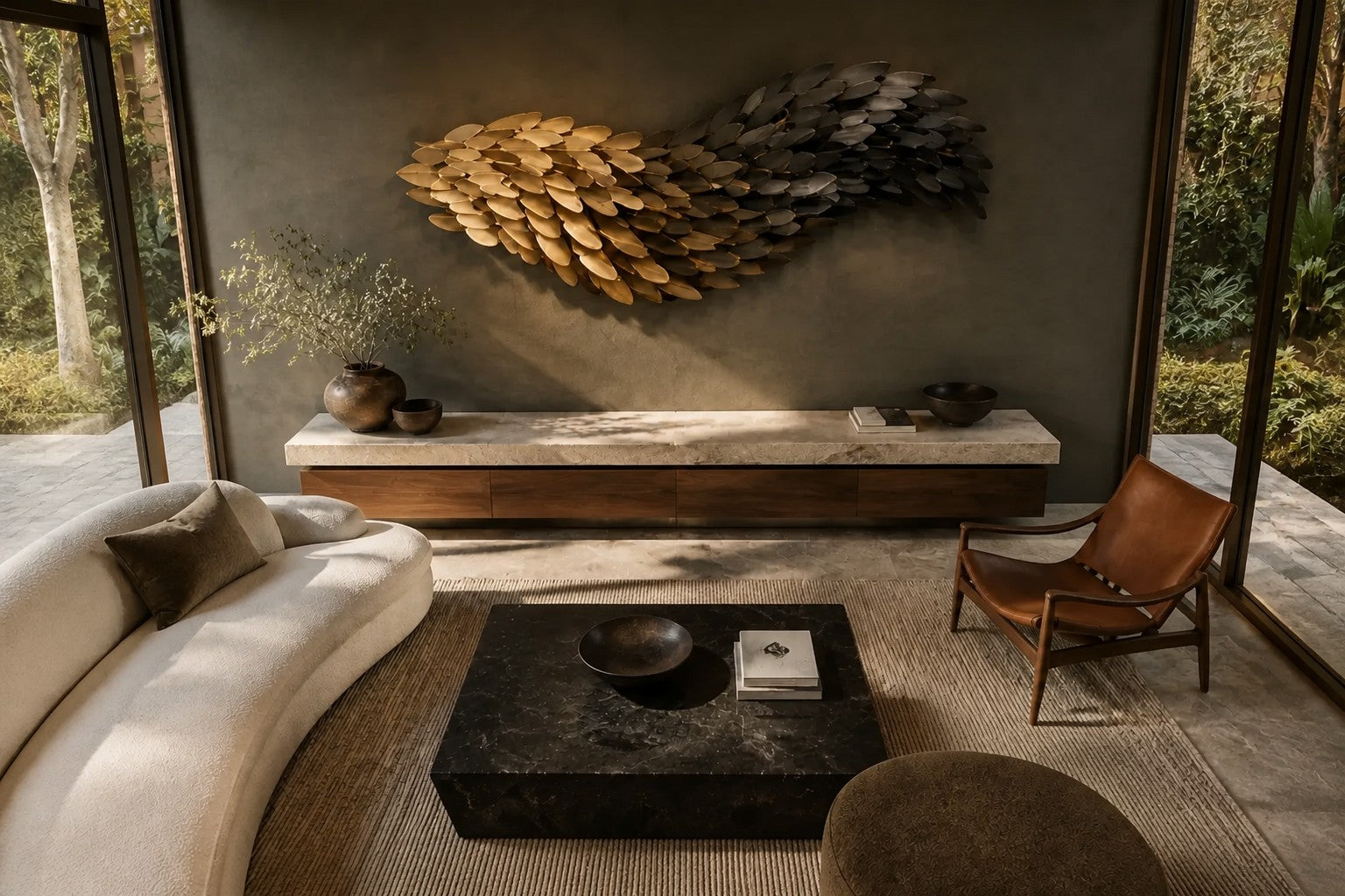 Champagne gold bronze wall sculpture Torrente, a continuous ribbon folded into running waves, on a plaster wall.