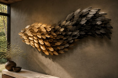 Champagne gold bronze wall sculpture Torrente, a continuous ribbon folded into running waves, on a plaster wall.