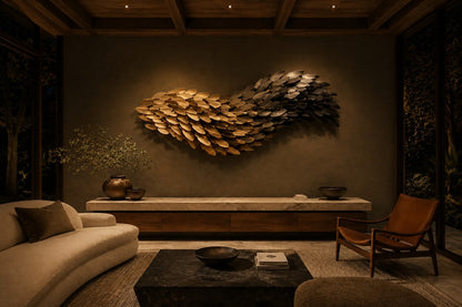 Champagne gold bronze wall sculpture Torrente, a continuous ribbon folded into running waves, on a plaster wall.
