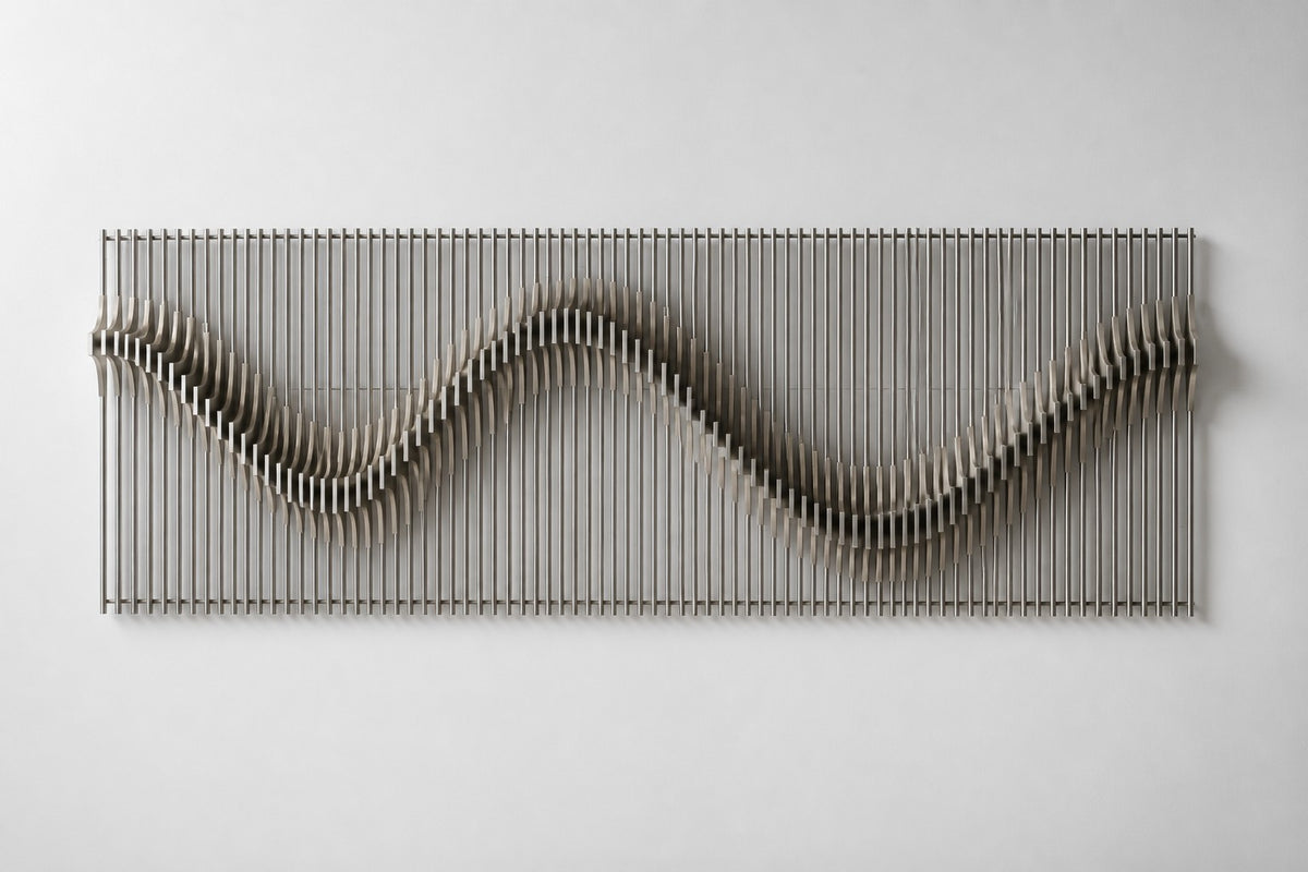 Sazanami — stainless steel rod wall sculpture with a rippling wave, studio front view