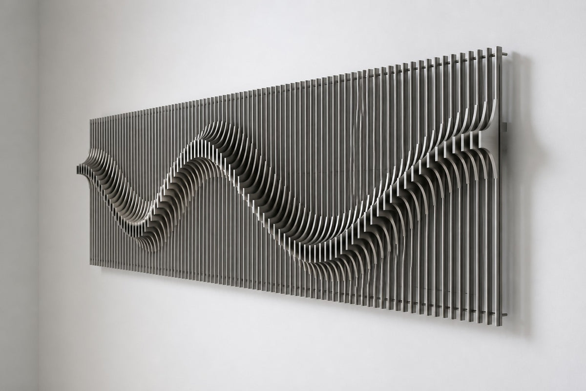 Sazanami — stainless steel rod wall sculpture with a rippling wave, studio side angle showing its depth