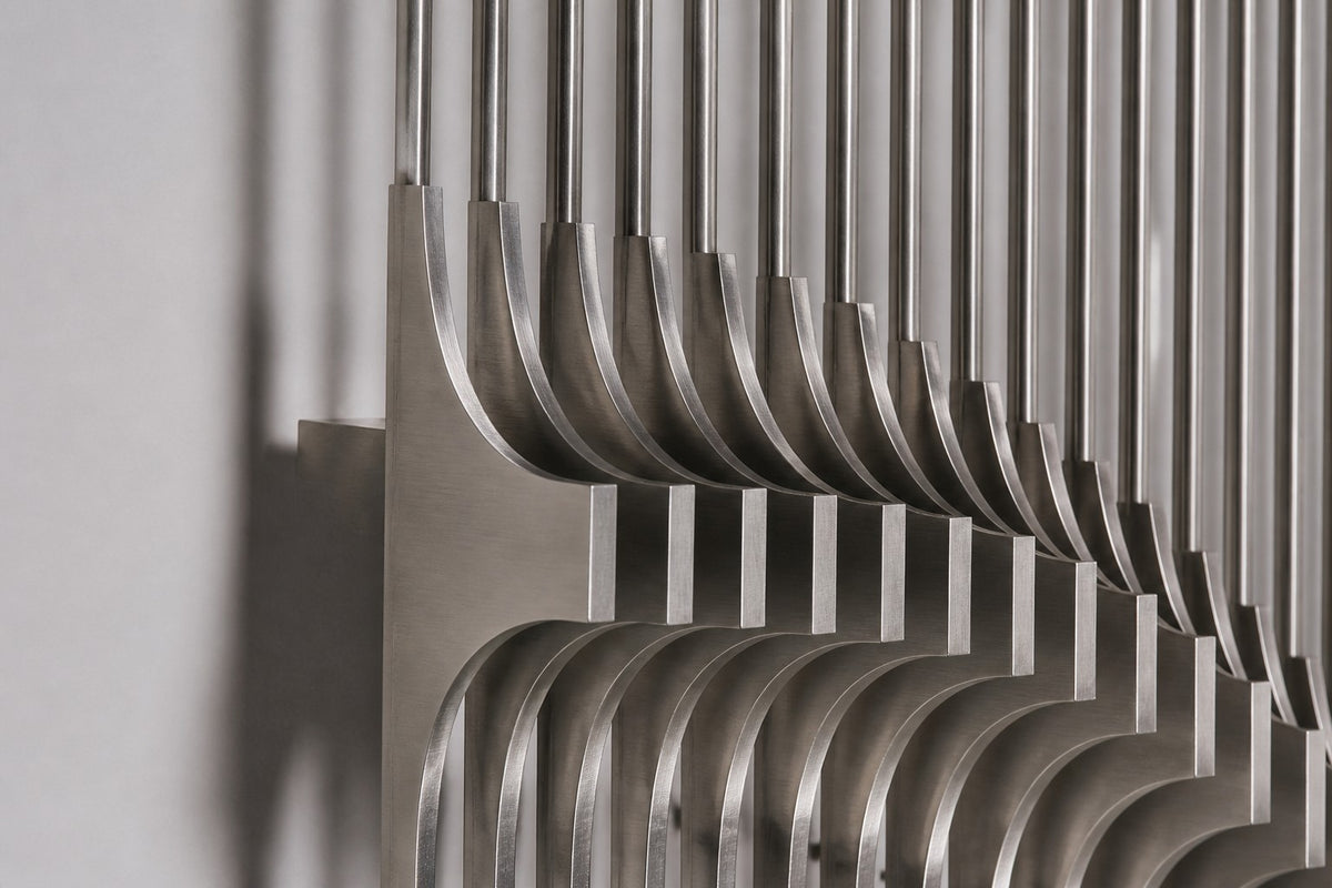 Sazanami — stainless steel rod wall sculpture with a rippling wave, close detail of the surface and edge