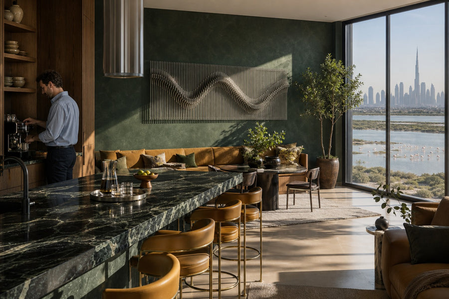 Sazanami — stainless steel rod wall sculpture with a rippling wave, installed on the wall of a furnished room
