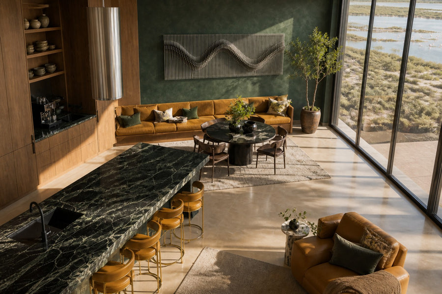 Sazanami — stainless steel rod wall sculpture with a rippling wave, seen from above in the room