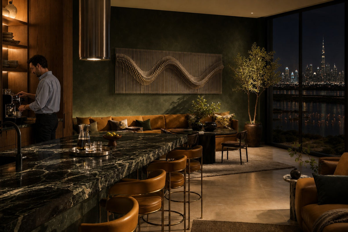 Sazanami — stainless steel rod wall sculpture with a rippling wave, the same room at night, lamps on