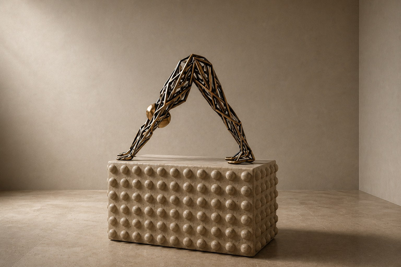 Bronze strut-cage sculpture Sbalzo forming an inverted arch, gilt and blackened, on a beaded travertine block.