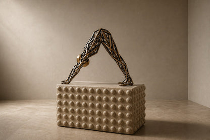 Bronze strut-cage sculpture Sbalzo forming an inverted arch, gilt and blackened, on a beaded travertine block.